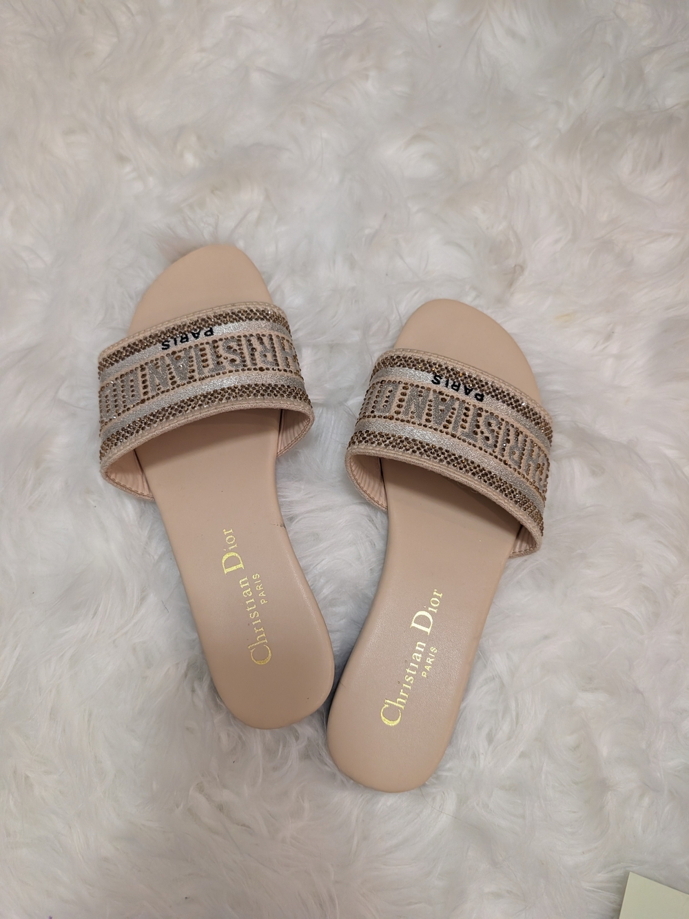 Dior Beige Embroidered Logo Slide Sandals